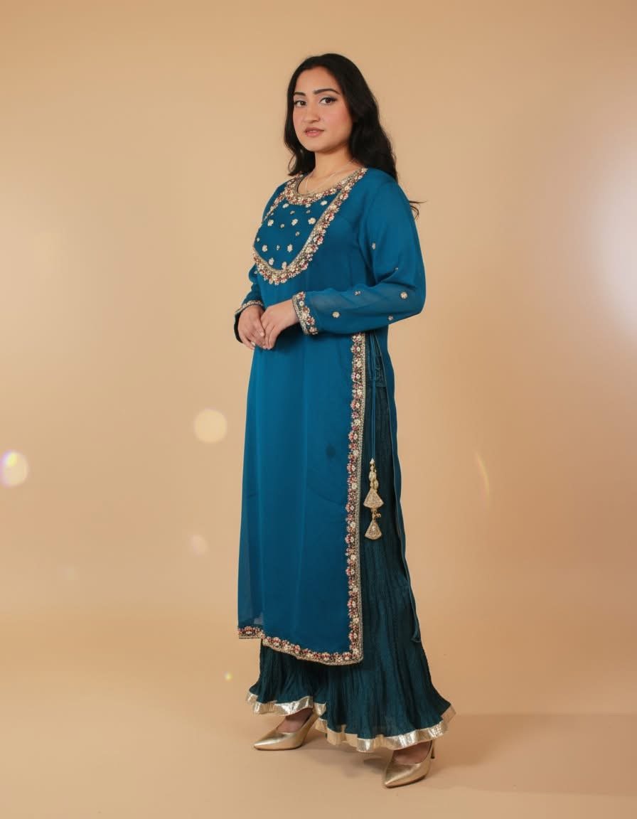 Teal Blue Embroidered Sharara Suit with Gold-Trimmed Dupatta - Image 4