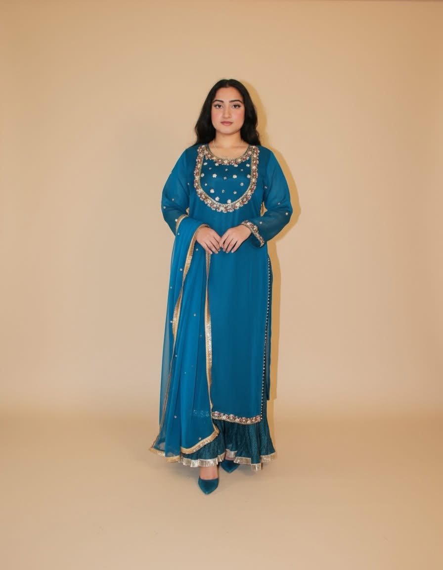 Teal Blue Embroidered Sharara Suit with Gold-Trimmed Dupatta - Image 2