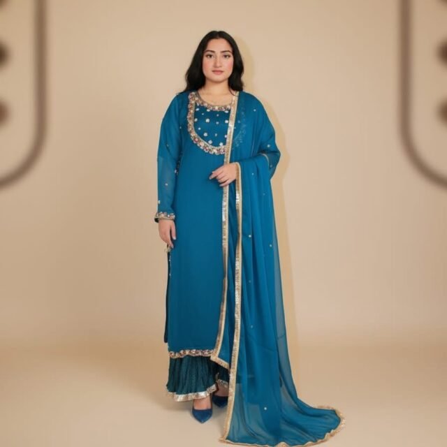 Teal Blue Embroidered Sharara Suit with Gold-Trimmed Dupatta
