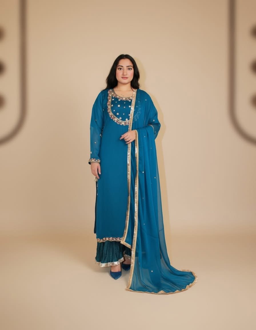 Teal Blue Embroidered Sharara Suit with Gold-Trimmed Dupatta