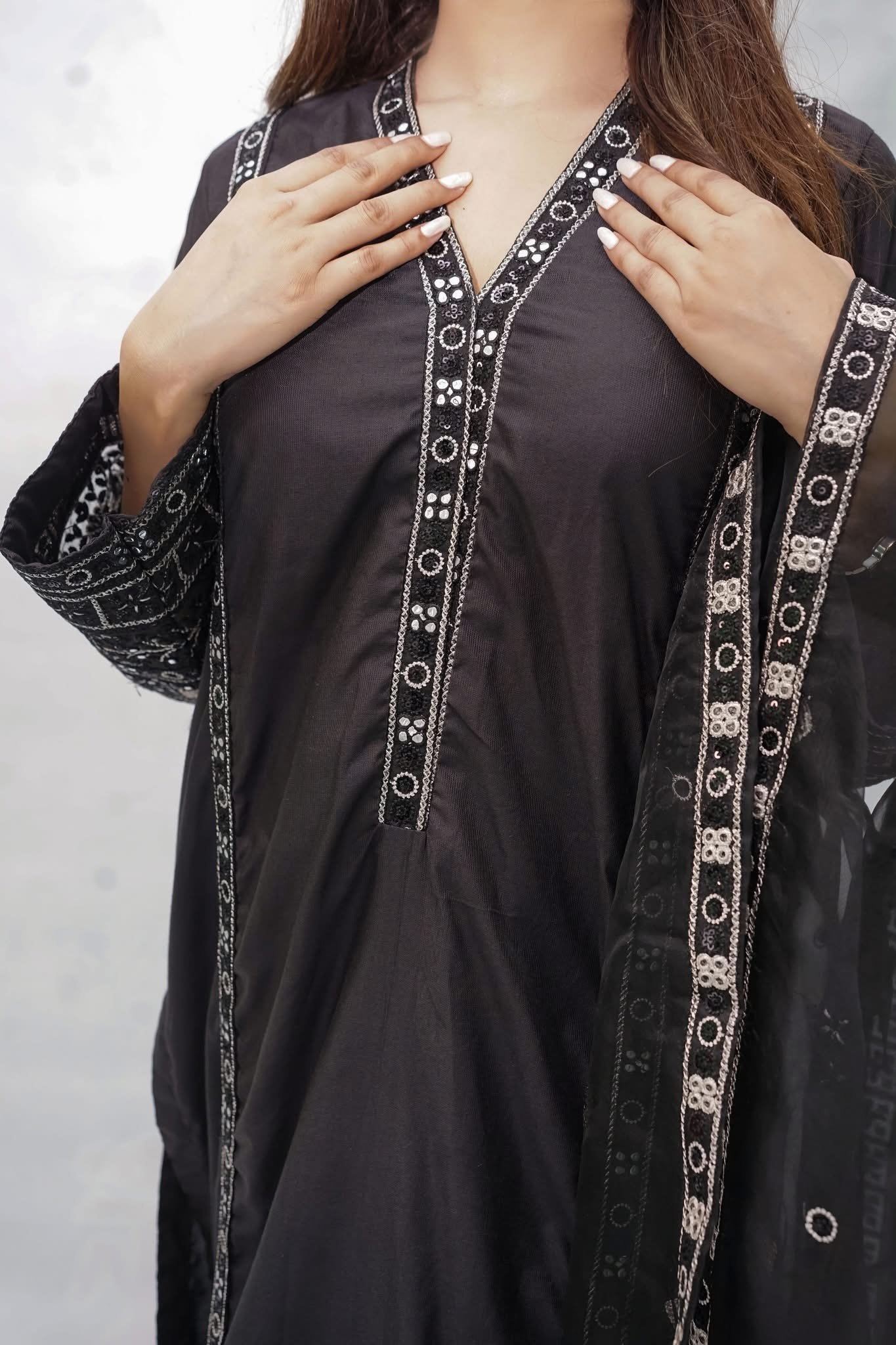 Black Embroidered Chiffon Suit with Matching Dupatta - Image 4