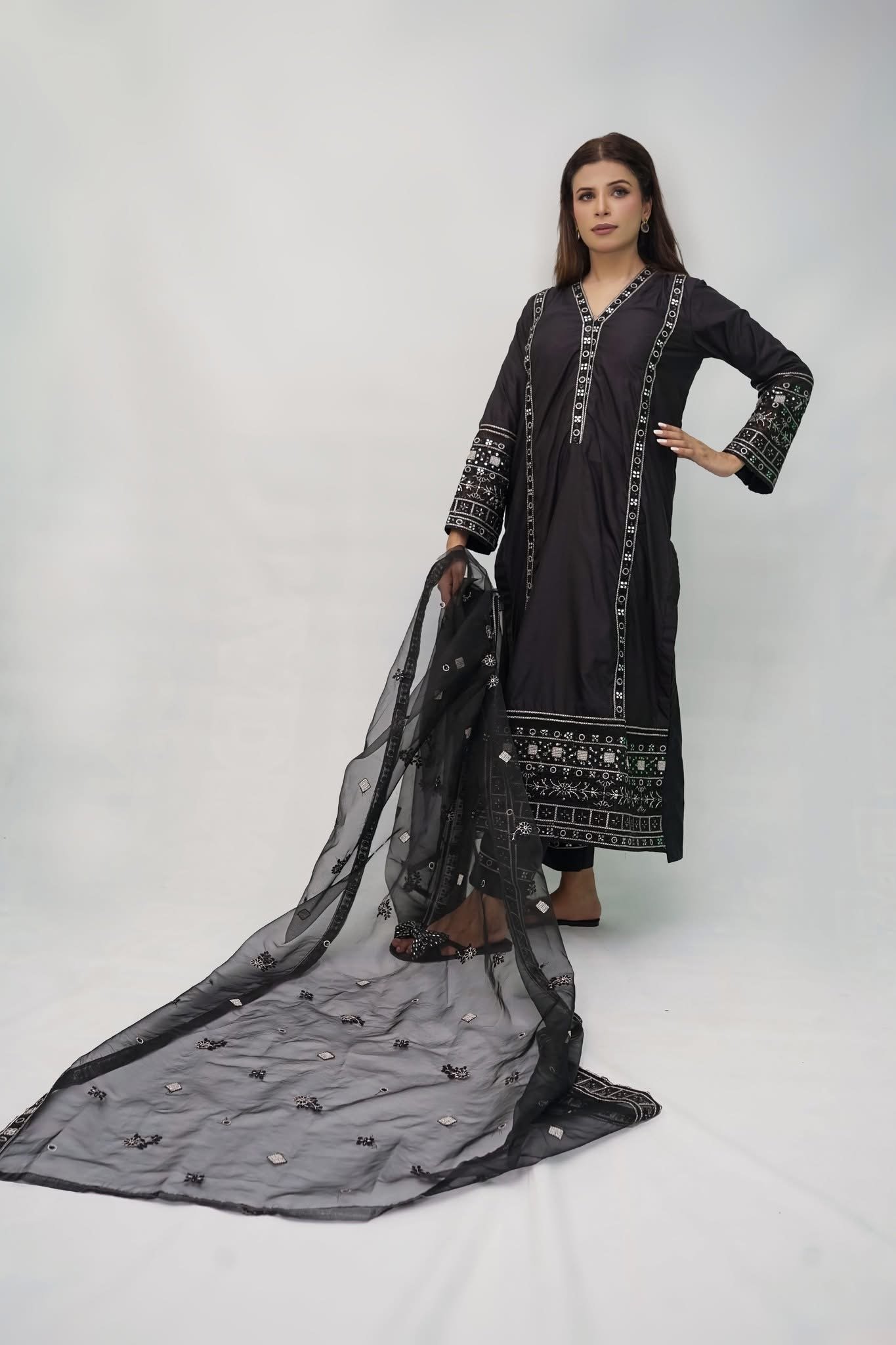 Black Embroidered Chiffon Suit with Matching Dupatta - Image 3