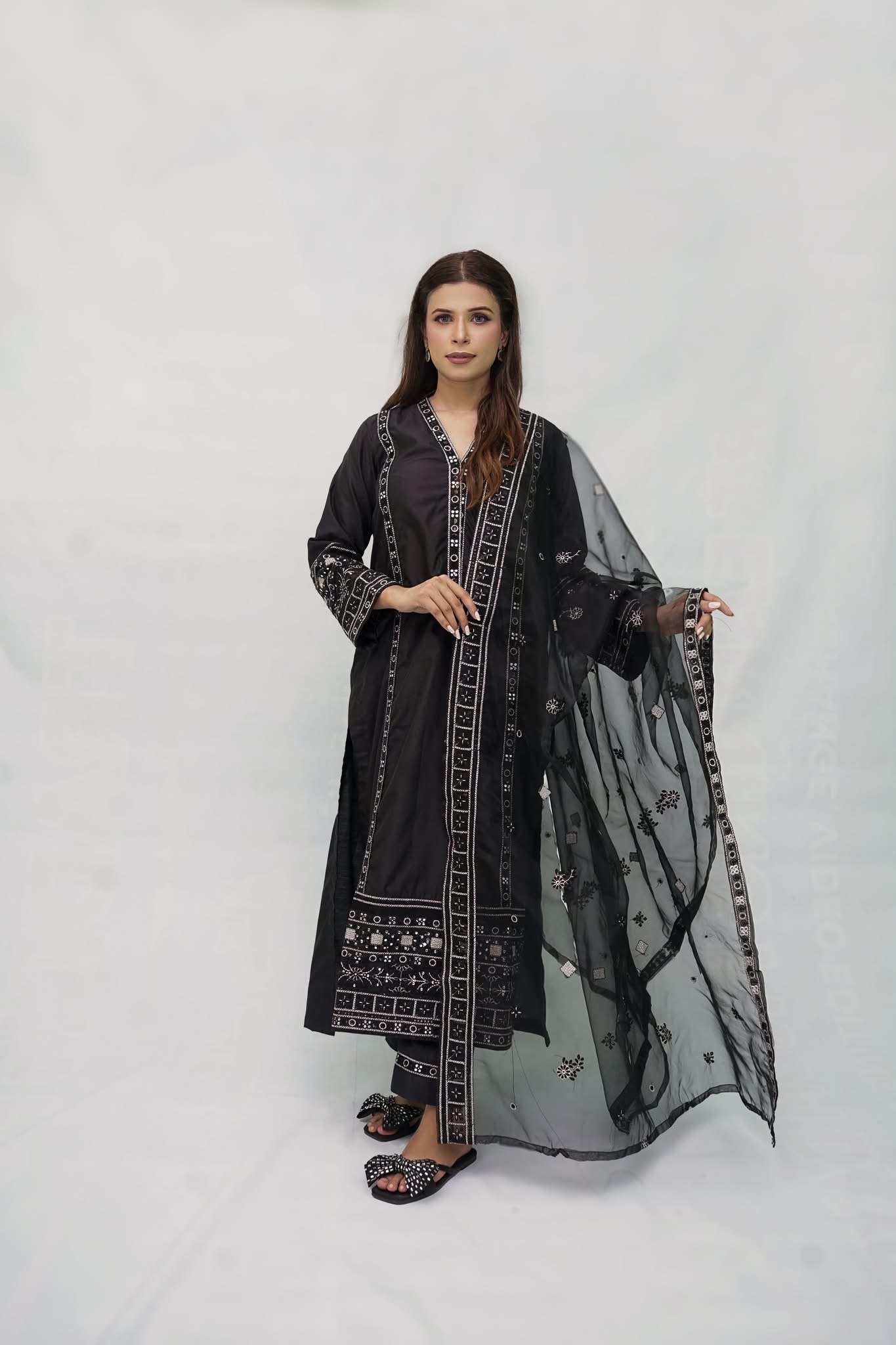 Black Embroidered Chiffon Suit with Matching Dupatta - Image 2