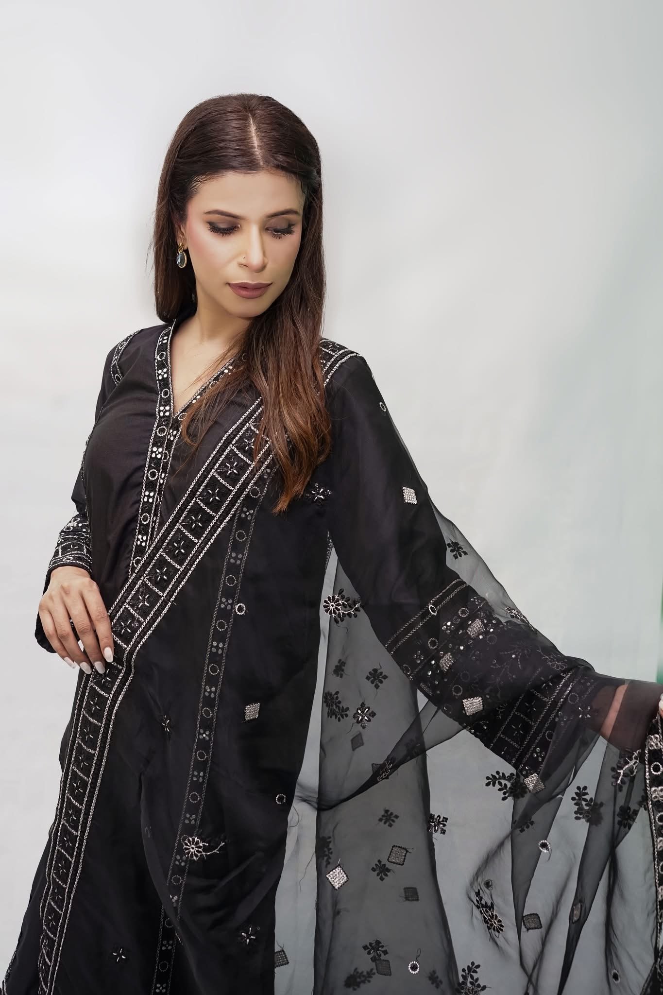 Black Embroidered Chiffon Suit with Matching Dupatta
