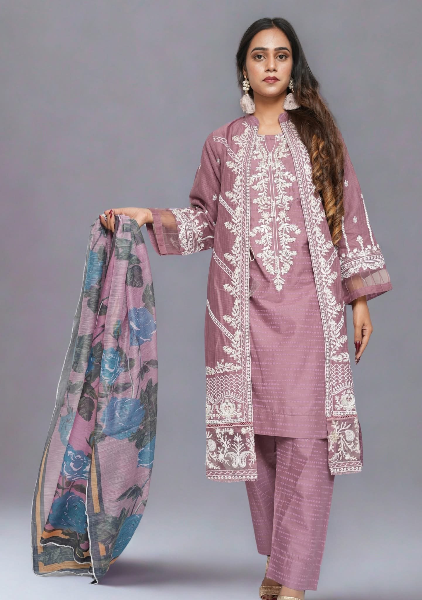 Mauve Purple Embroidered 3-Piece Suit with Long Embroidered Jacket - Image 3