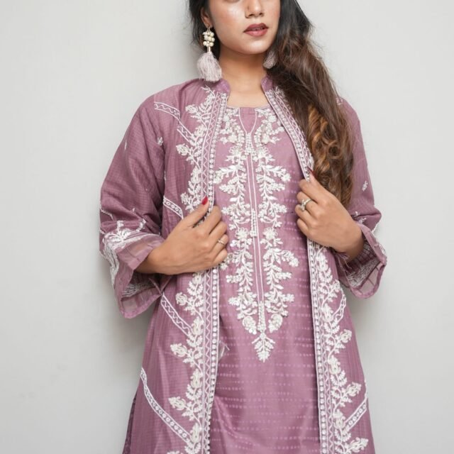 Mauve Purple Embroidered 3-Piece Suit with Long Embroidered Jacket