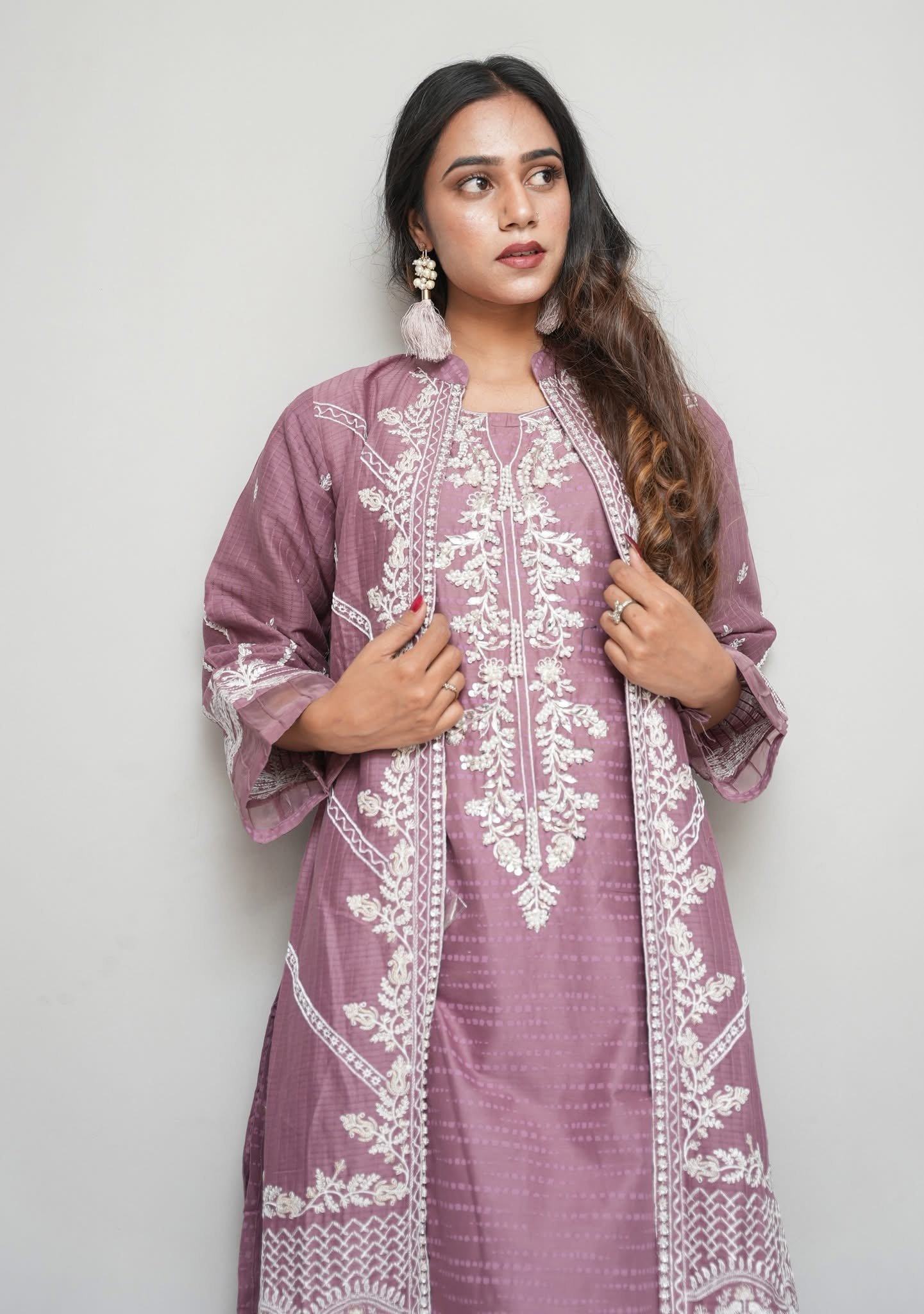 Mauve Purple Embroidered 3-Piece Suit with Long Embroidered Jacket