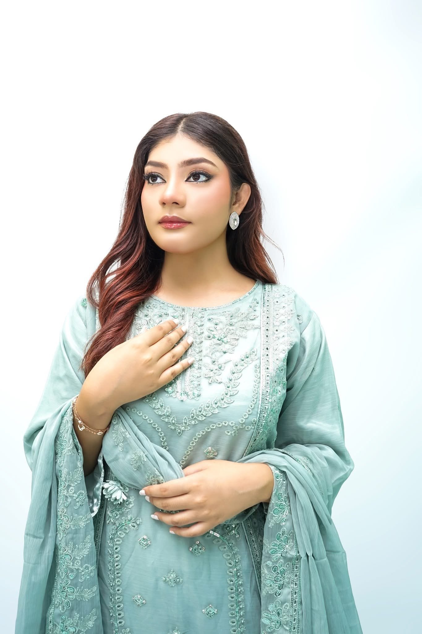Sage Green Embroidered 3-Piece Sharara Suit - Image 4