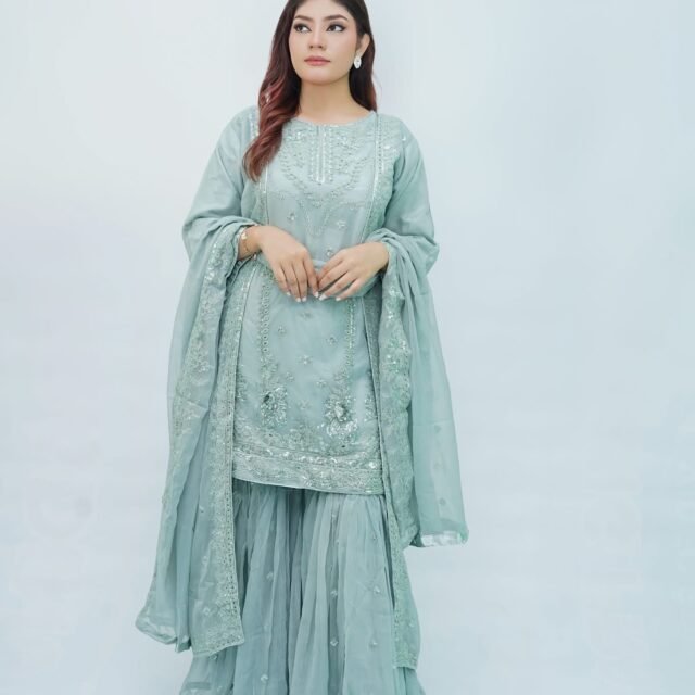 Sage Green Embroidered 3-Piece Sharara Suit