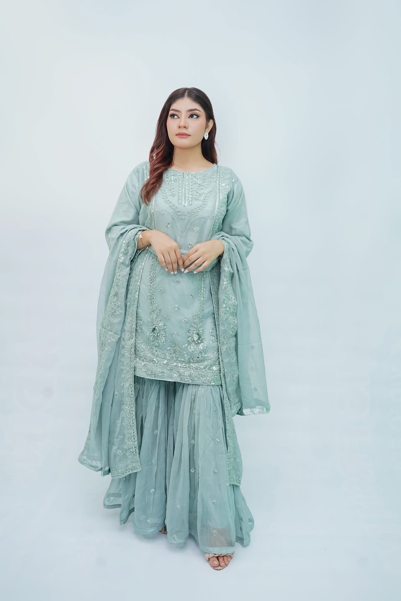 Sage Green Embroidered 3-Piece Sharara Suit