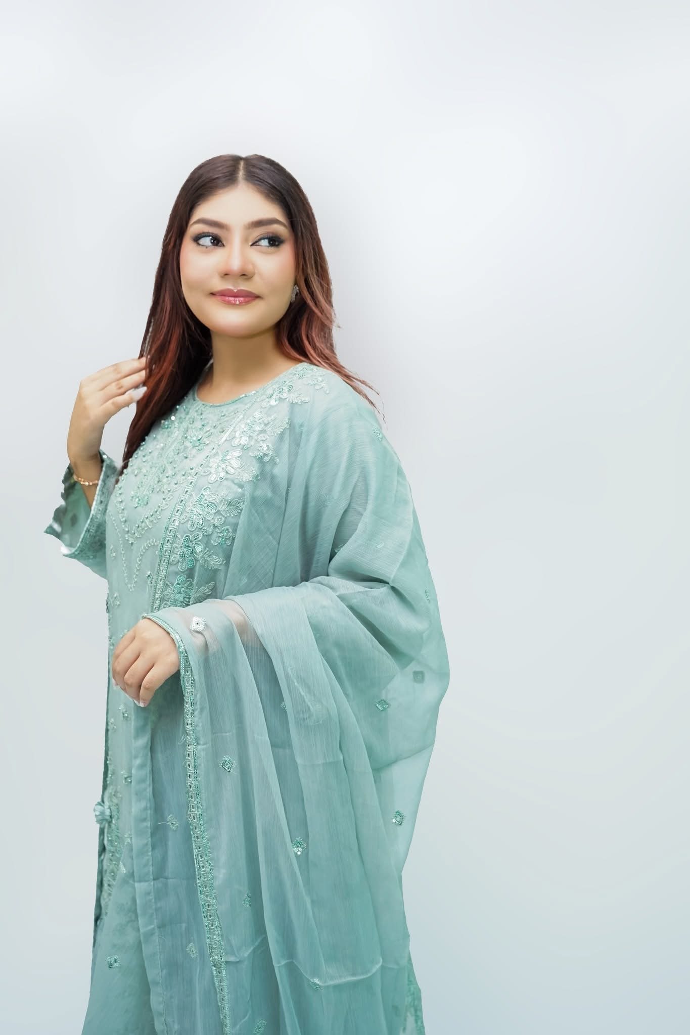 Sage Green Embroidered 3-Piece Sharara Suit - Image 2