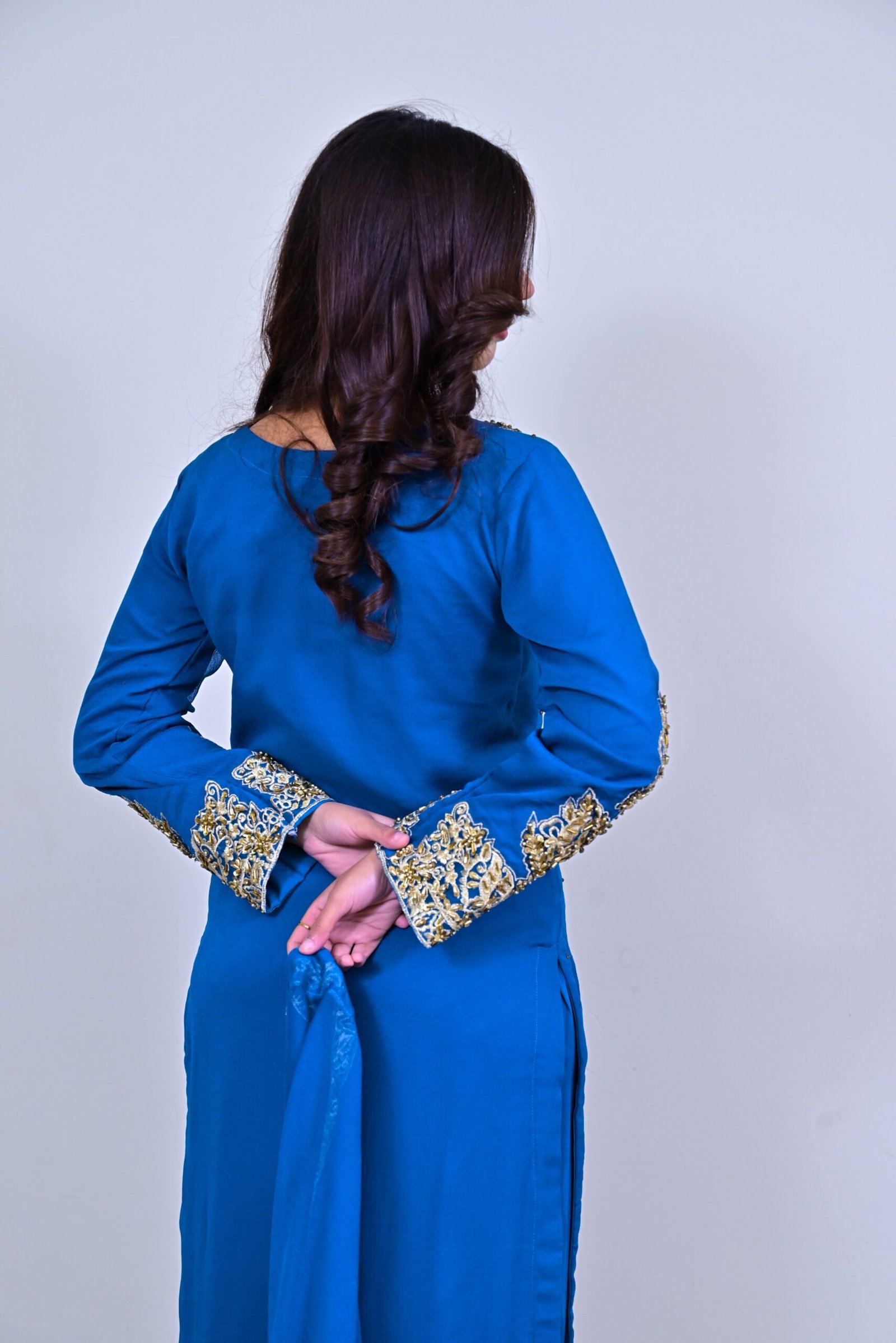 Royal Blue Embroidered 3-Piece Suit with Palazzo Trousers - Image 4