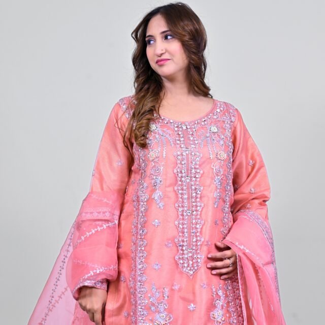 Tea Pink Heavy Embroidered 3-Piece Chiffon Suit with Embellished Dupatta