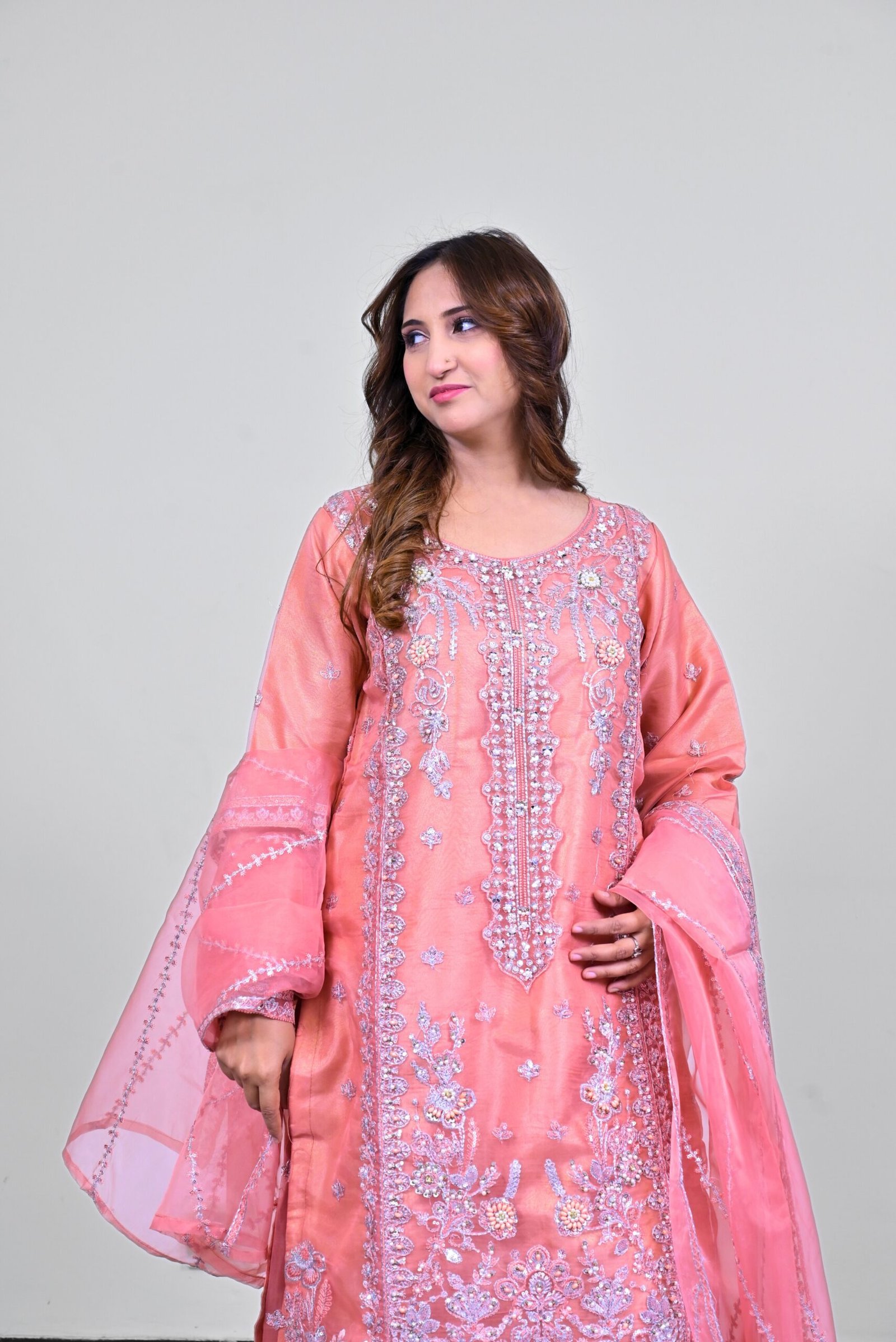 Tea Pink Heavy Embroidered 3-Piece Chiffon Suit with Embellished Dupatta