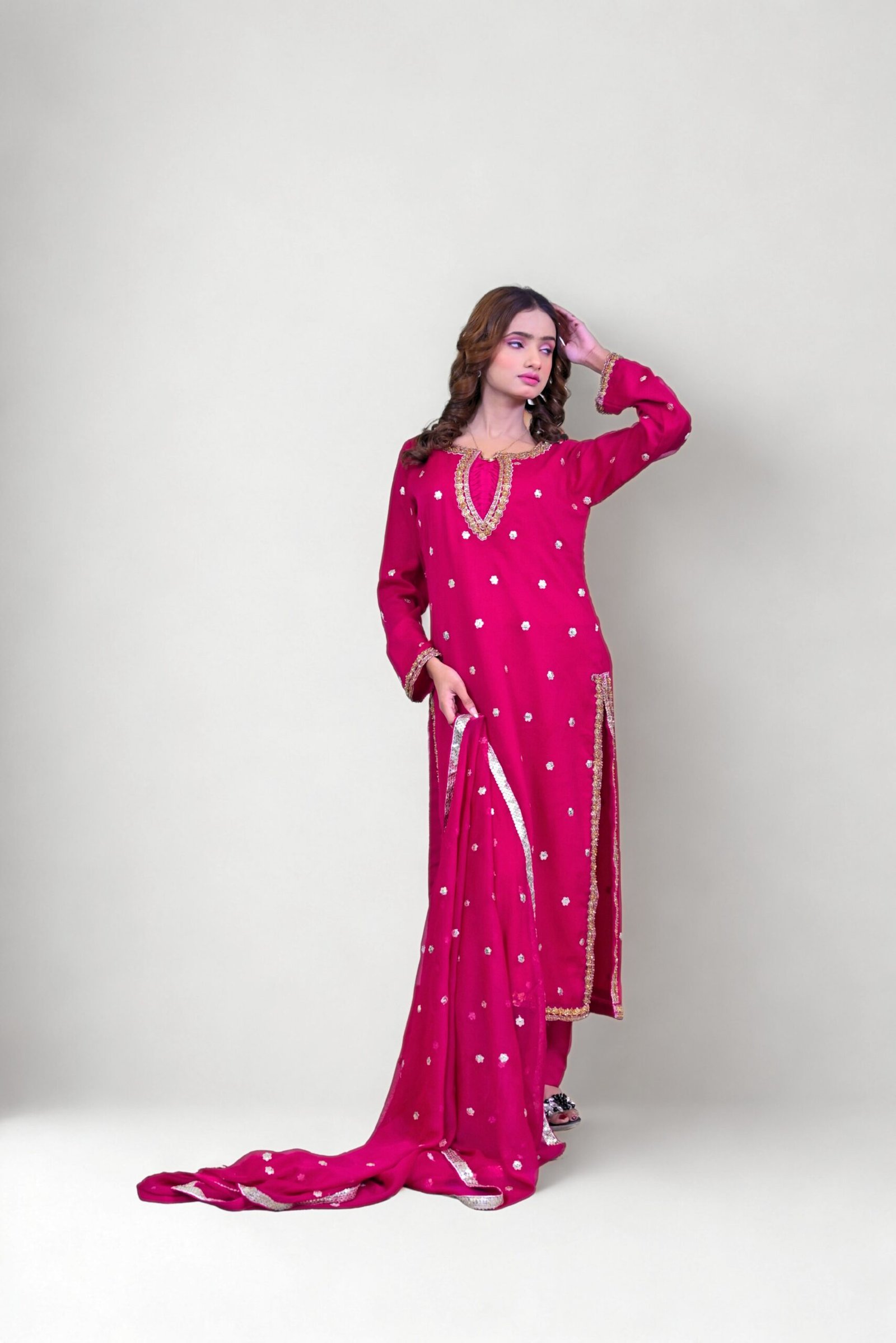 Magenta Embroidered 3-Piece Suit with Embellished Dupatta - Image 5