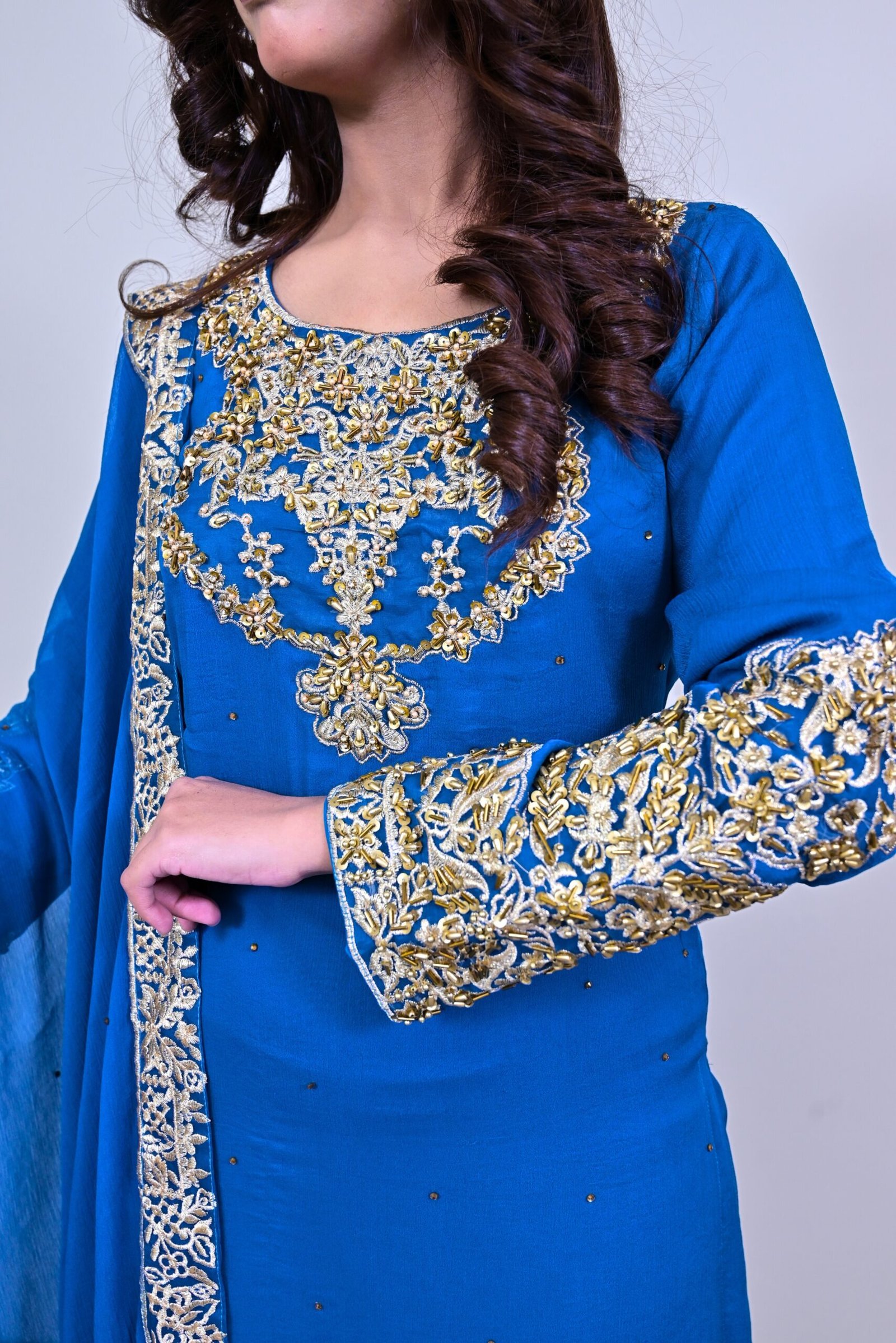Royal Blue Embroidered 3-Piece Suit with Palazzo Trousers - Image 5