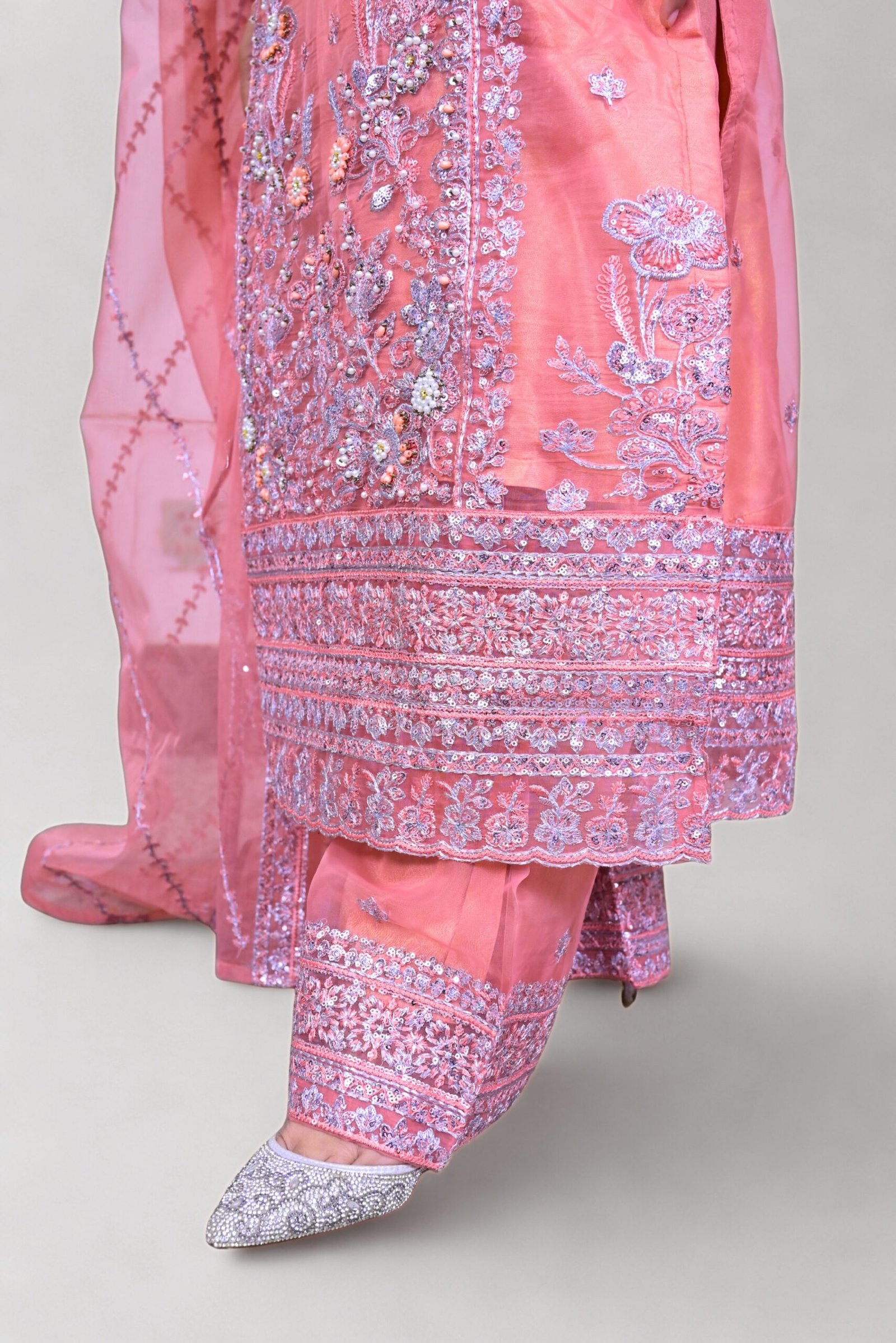 Tea Pink Heavy Embroidered 3-Piece Chiffon Suit with Embellished Dupatta - Image 3