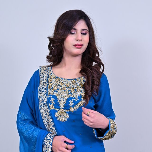 Royal Blue Embroidered 3-Piece Suit with Palazzo Trousers