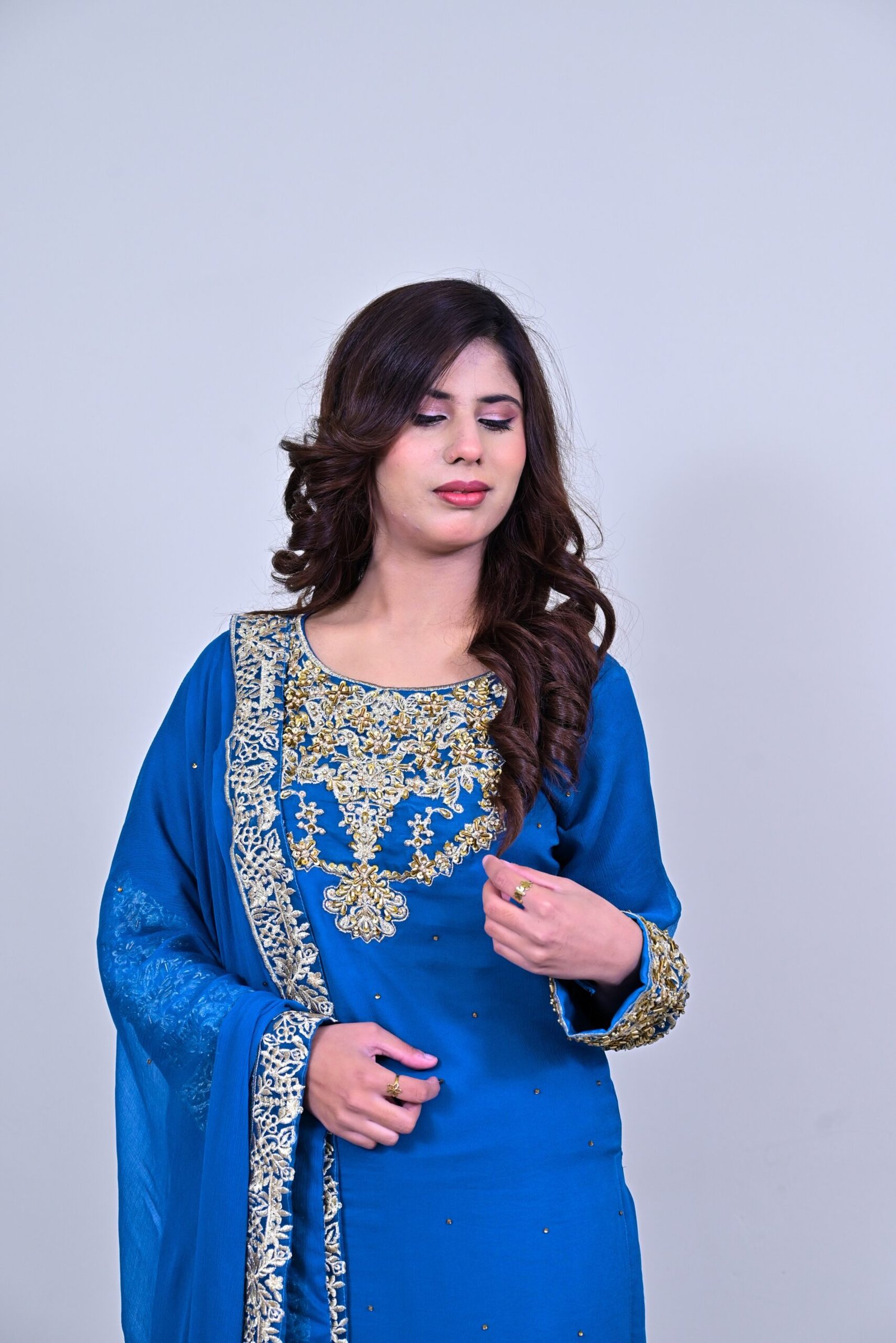 Royal Blue Embroidered 3-Piece Suit with Palazzo Trousers