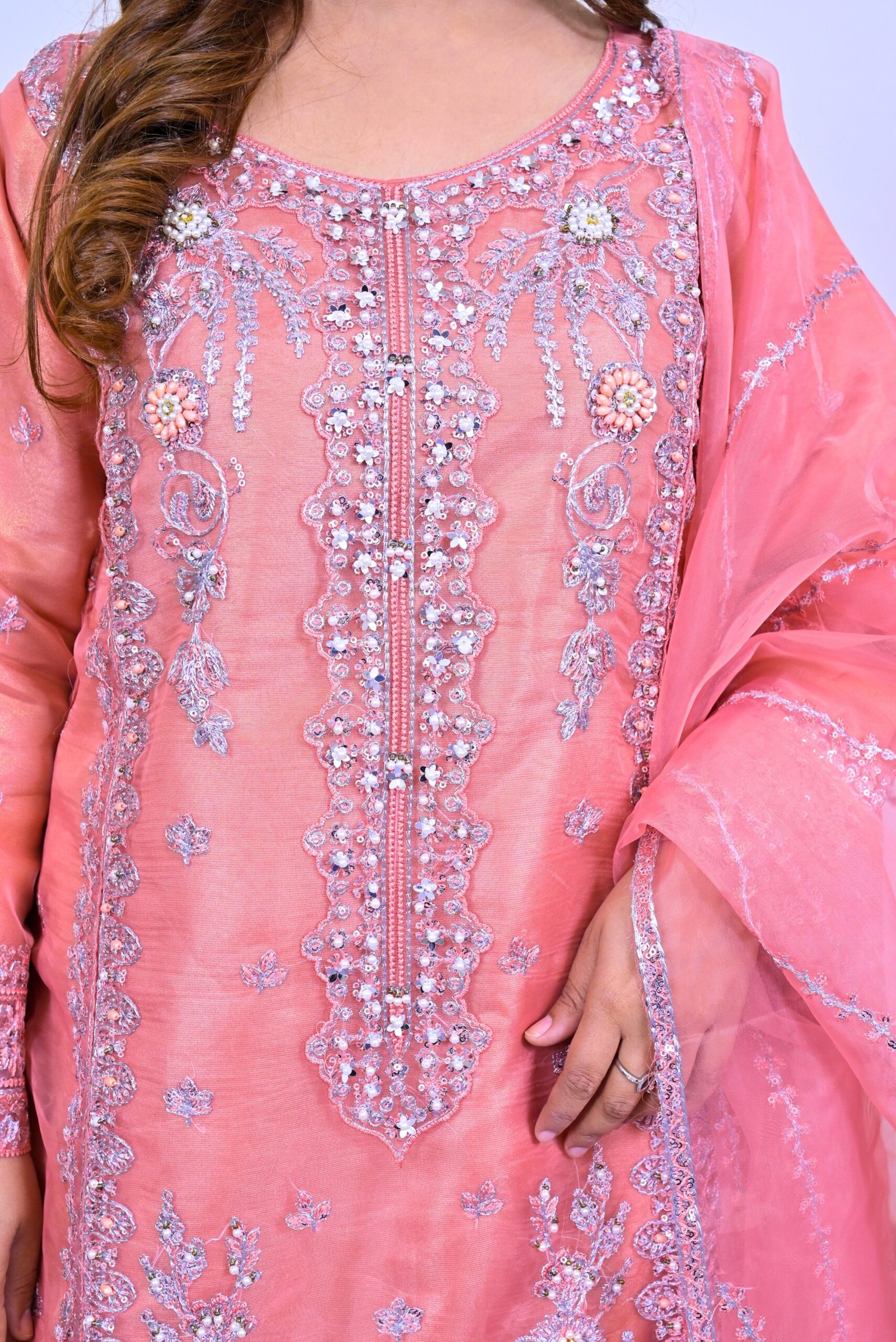 Tea Pink Heavy Embroidered 3-Piece Chiffon Suit with Embellished Dupatta - Image 2