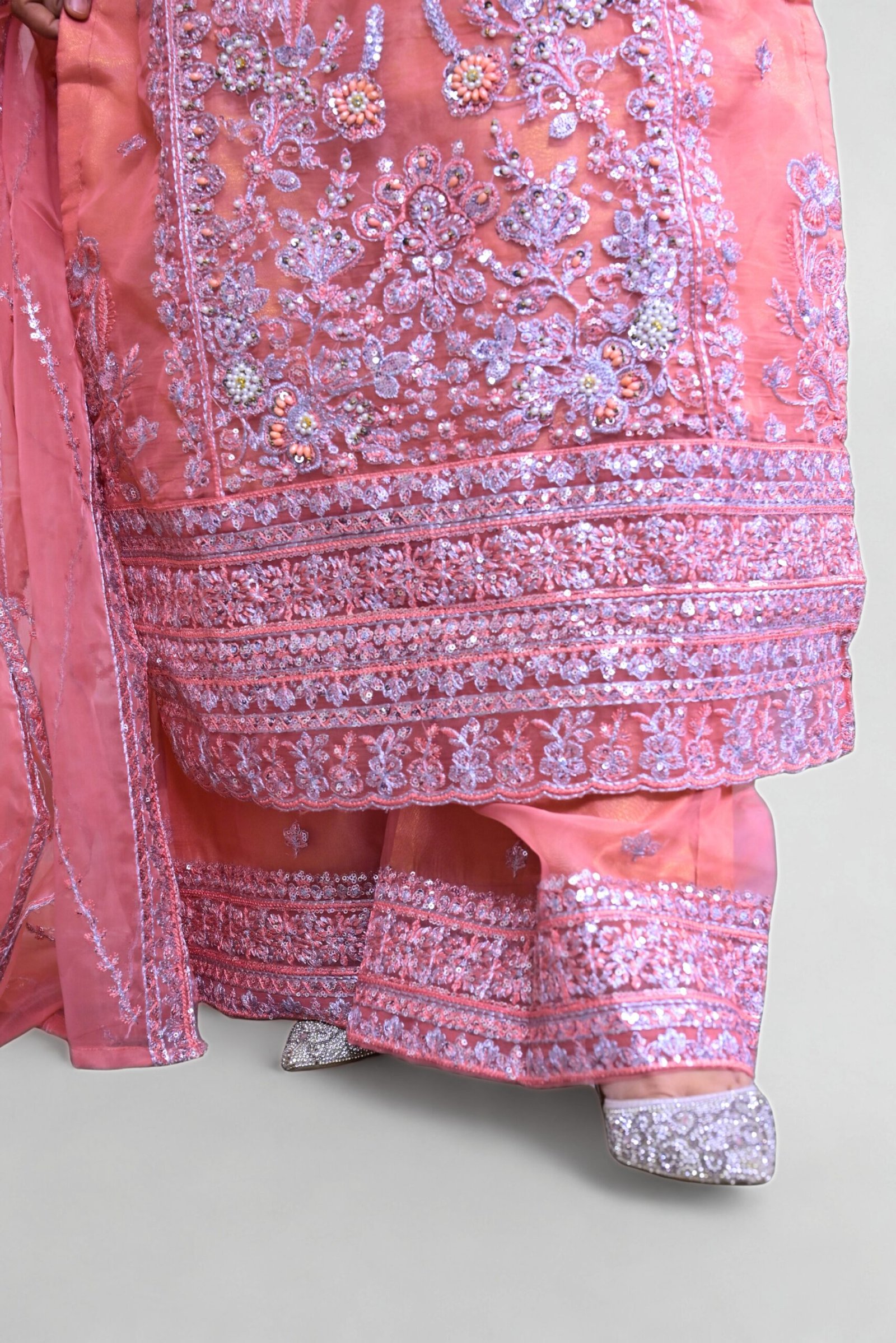 Tea Pink Heavy Embroidered 3-Piece Chiffon Suit with Embellished Dupatta - Image 6