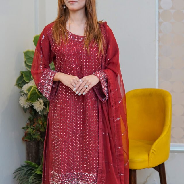 Maroon Embellished 3-Piece Pakistani Suit with Dupatta
