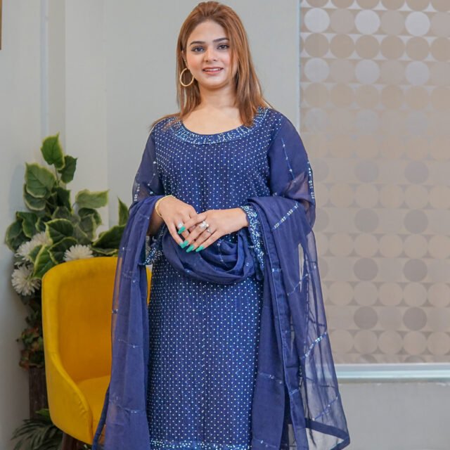 Royal Blue Embellished 3-Piece Suit with Sheer Dupatta