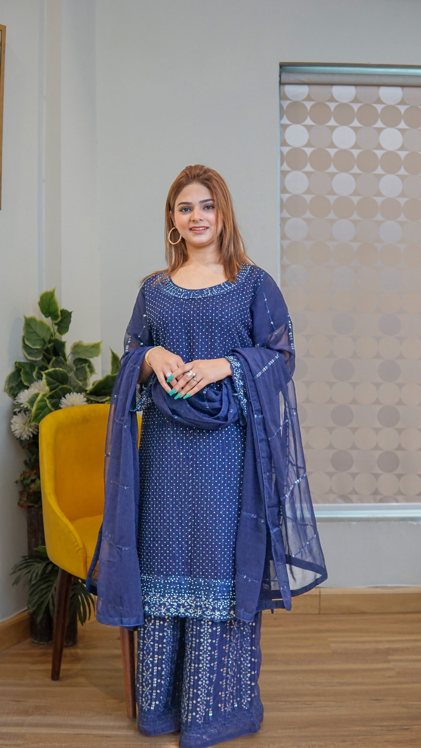 Royal Blue Embellished 3-Piece Suit with Sheer Dupatta