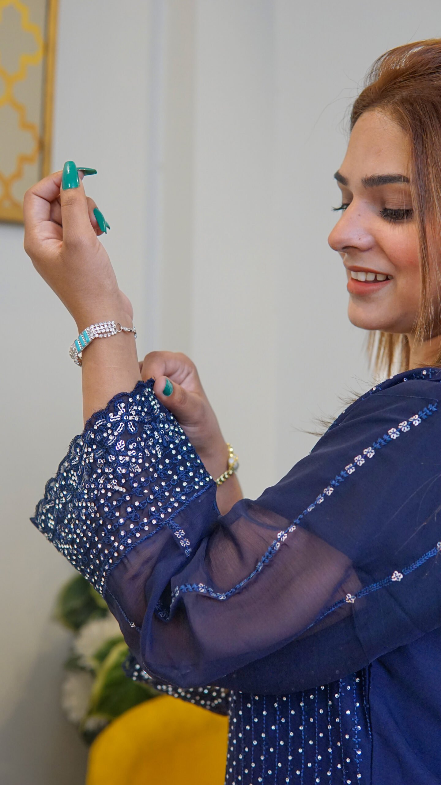 Royal Blue Embellished 3-Piece Suit with Sheer Dupatta - Image 2