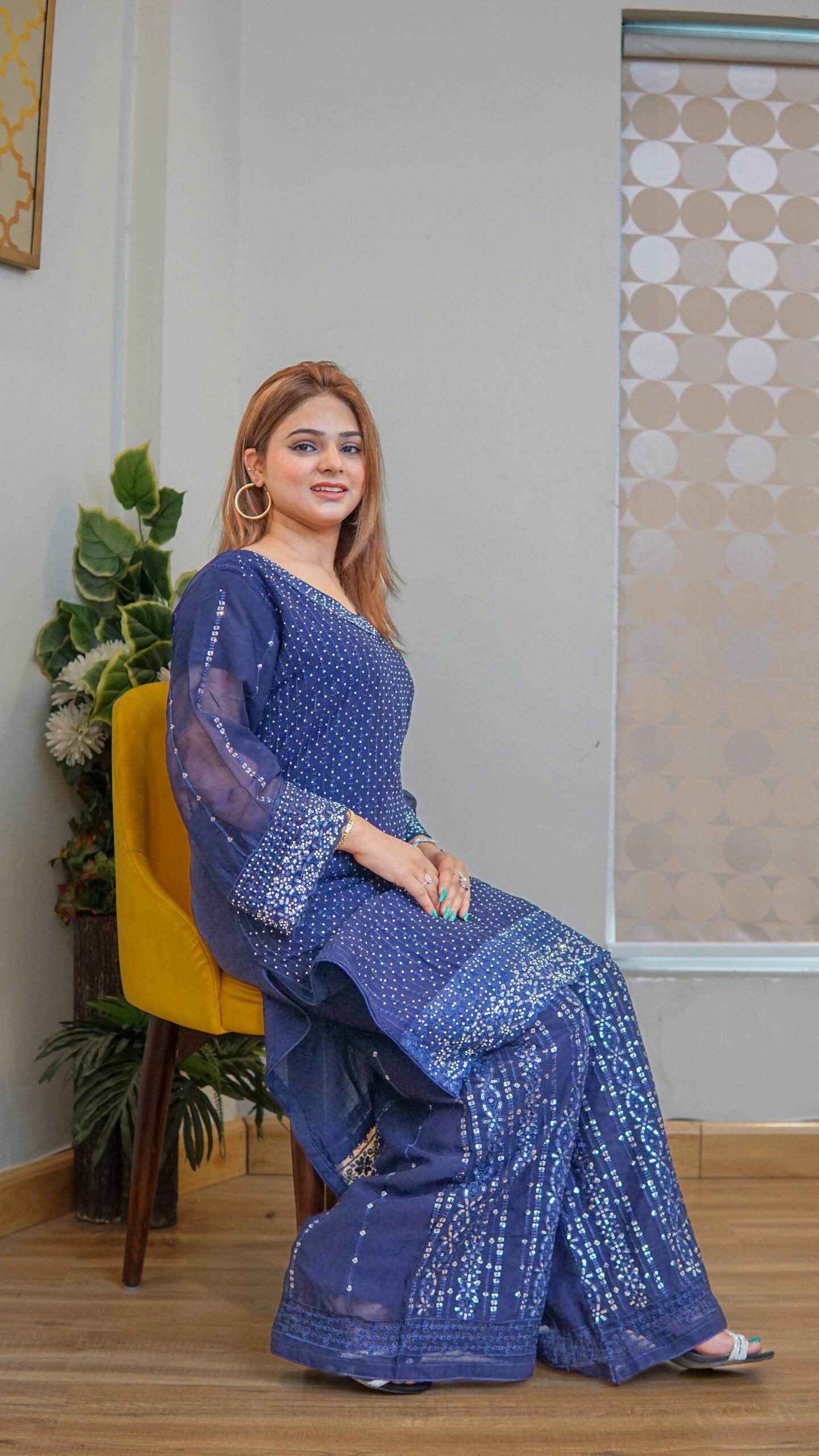 Royal Blue Embellished 3-Piece Suit with Sheer Dupatta - Image 4