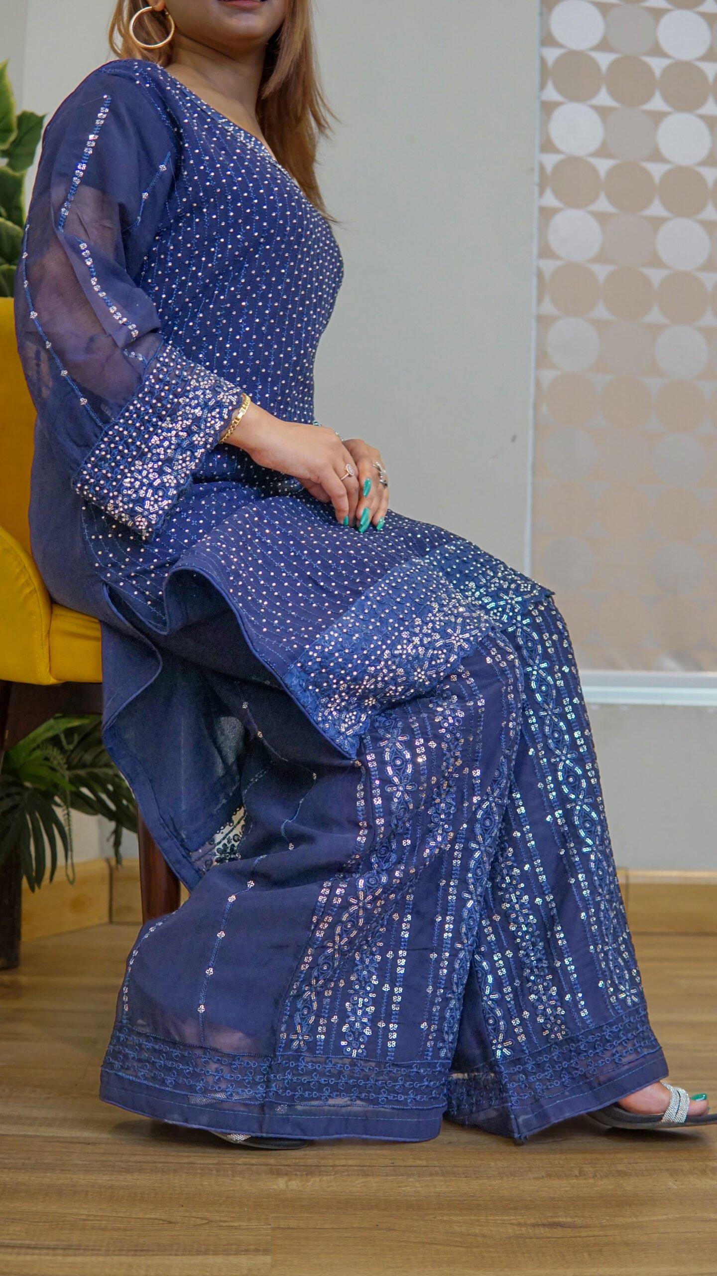 Royal Blue Embellished 3-Piece Suit with Sheer Dupatta - Image 5