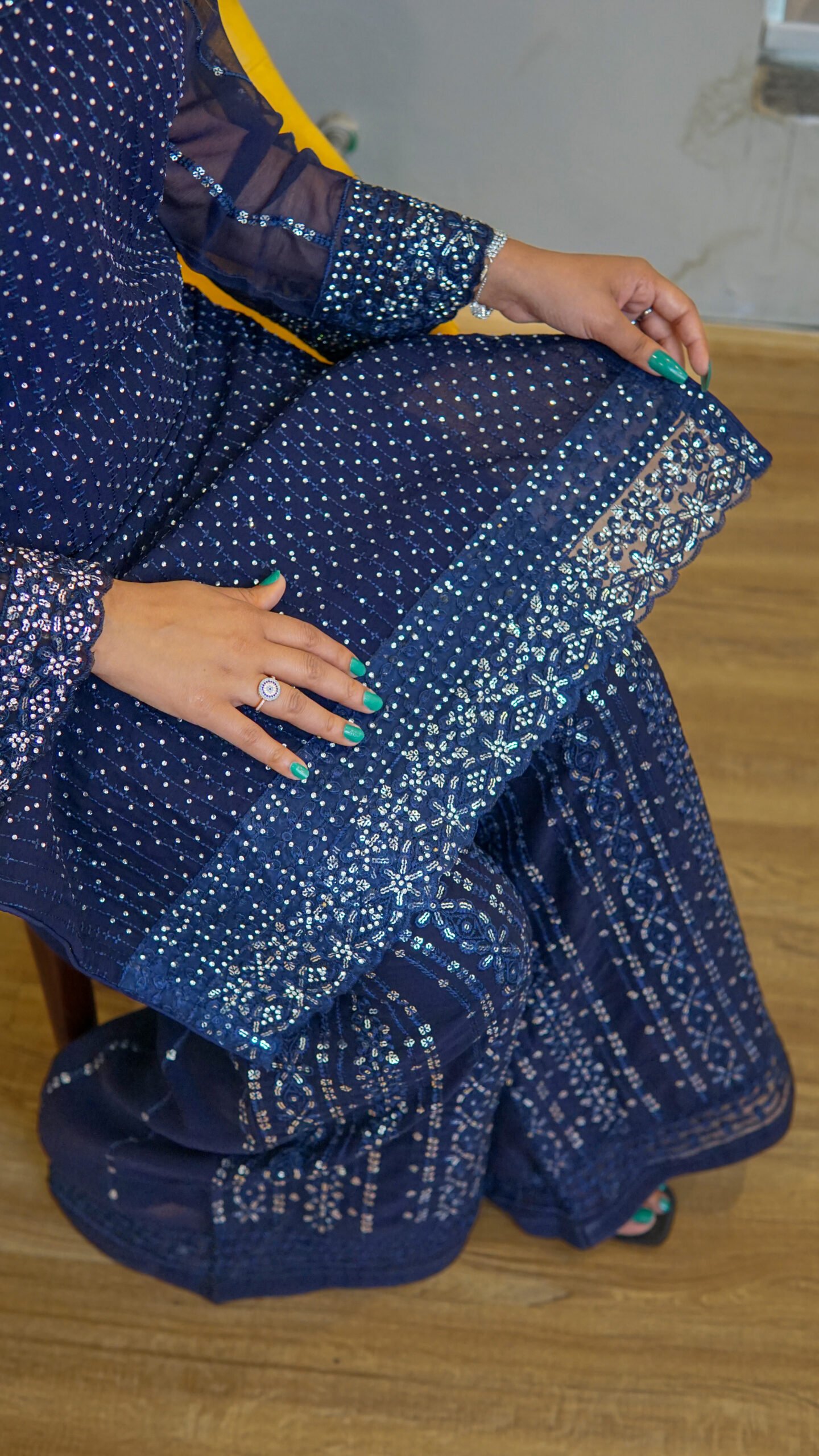 Royal Blue Embellished 3-Piece Suit with Sheer Dupatta - Image 6